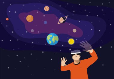 VR ve Metaverse Kavramları, VR gözlük takan ve ekrana dokunan adam. Gezegenlerle Güneş Sistemi