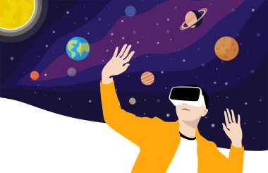 VR ve Metaverse Kavramları, VR gözlük takan ve ekrana dokunan adam. Gezegenlerle Güneş Sistemi