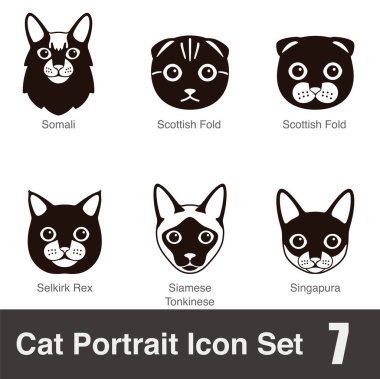 Kedi yüzlü çizgi film düz siyah simge serisi, vektör illüstrasyonu