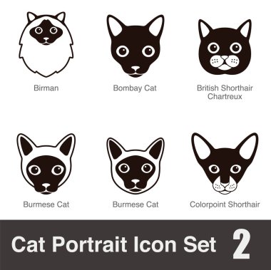 Kedi yüzlü çizgi film düz siyah simge serisi, vektör illüstrasyonu