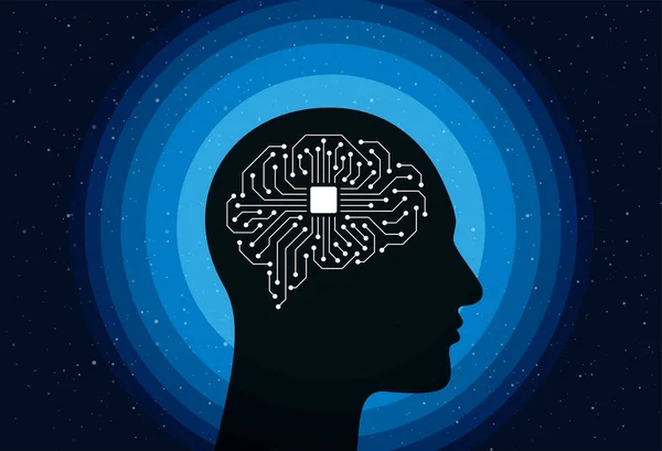 Cyborg kafasındaki mikroçip, yapay zeka konsepti. vektör illüstrasyonu
