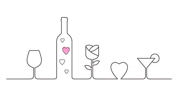 Linearen Stildesign Für Valentinstag Mit Weingläsern Rose Und Herzförmige Vektor — Stockvektor