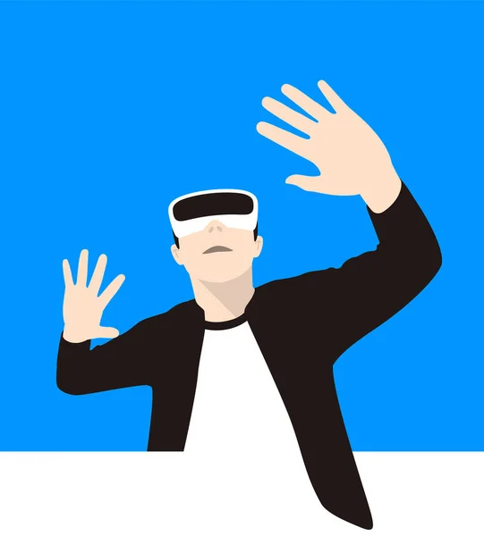 Sanal Gerçeklik Gözlüklü Adam Eller Yukarı Oyun Illüstrasyon Vektör — Stok Vektör