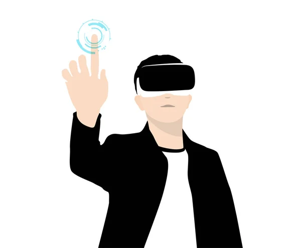 Mężczyzna Okularach Virtual Reality Ręce Góry Dotykanie Ekranu Analiza Danych — Wektor stockowy