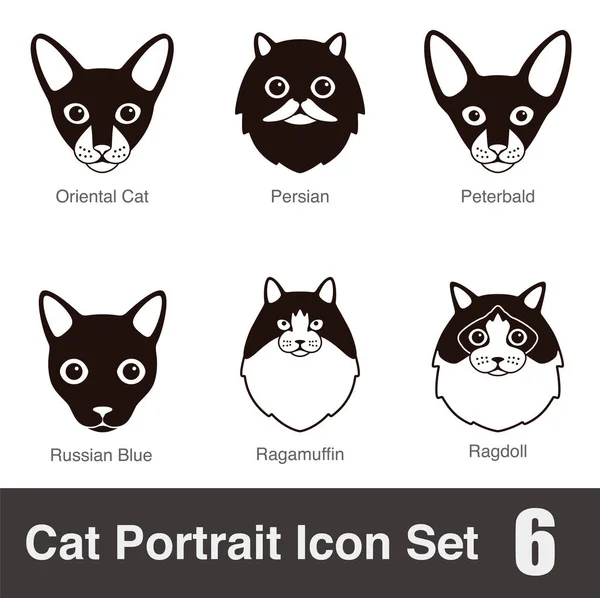 Kočičí Plemeno Tvář Kreslené Ploché Černé Ikony Série Vektorové Ilustrace — Stockový vektor