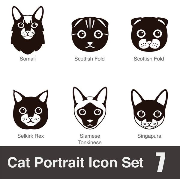 Kedi yüzlü çizgi film düz siyah simge serisi, vektör illüstrasyonu