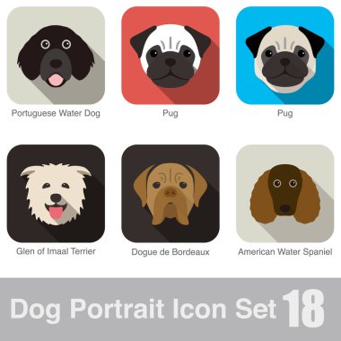 Köpek, hayvan suratlı karakter ikonu dizayn seti, vektör