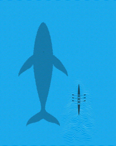 Blue Whale Simning Med Roddbåt — Stock vektor