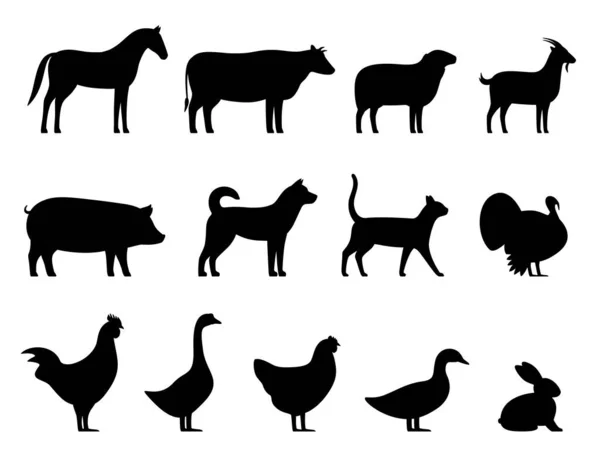 Ganado Conjunto Iconos Negros Animales Granja Ilustración Vectorial — Vector de stock