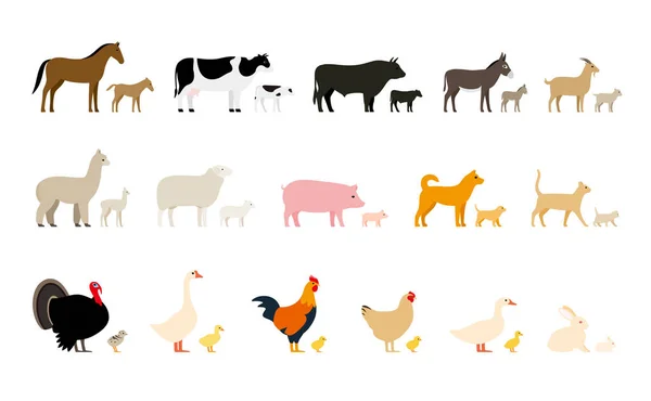 Bestiame Animali Fattoria Loro Bambini Set Icone Nere Illustrazione Vettoriale — Vettoriale Stock