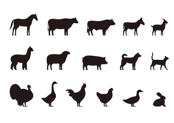 Livestock Farm Animals Kids Black Icons Set Vector Illustration — Stock Vector