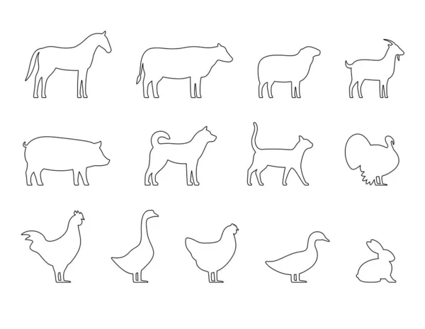 Livestock Farm Animals Kids Black Icons Set Vector Illustration — ストックベクタ