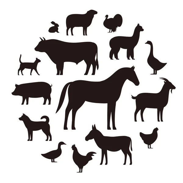 Livestock Farm Animals Kids Black Icons Set Vector Illustration — Stock Vector