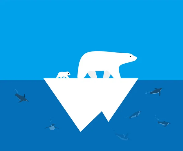 Isbjörn Och Dess Baby Går Isen Pingvin Simmar Havet — Stock vektor