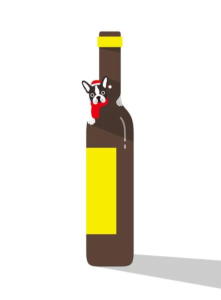 Hund Trägt Schal Krabbelt Bis Zur Spitze Der Weinflasche Poster — Stockvektor