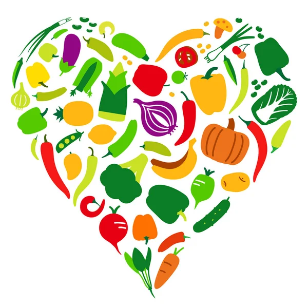 Grönsaker Och Frukt Ikonuppsättning Hjärtat Formen Vektorillustration — Stock vektor