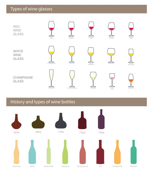 Historia Tipos Botella Vino Tipos Copas Vino — Vector de stock