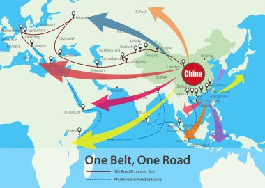 One Belt, One Road, 21. yüzyıl haritasında Çin stratejik yatırımları. Haritadaki Çince kelimeler Çin, bir kemer, Avrupa, Afrika, Asya gibi kelimeler.