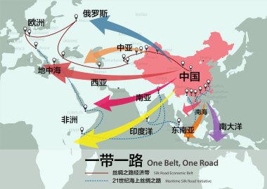 One Belt, One Road, 21. yüzyıl haritasında Çin stratejik yatırımları. Haritadaki Çince kelimeler Çin, bir kemer, Avrupa, Afrika, Asya gibi kelimeler.