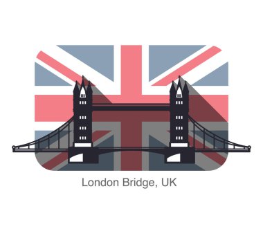 Big Ben, Londra, düz simge tasarımı, arka plan İngiliz bayrağı.