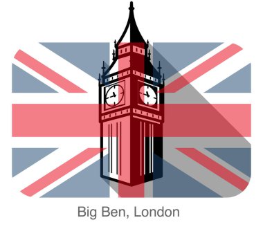 Big Ben, Londra, düz simge tasarımı, arka plan İngiliz bayrağı.