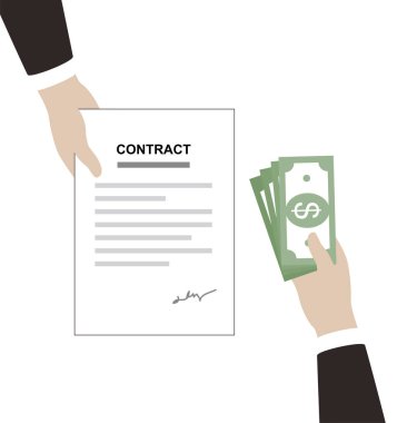 Bir elde para, bir elde kontrat kağıdı, düz tasarım, vektör illüstrasyonu