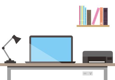 Bilgisayar ve diğer şeylerle dolu bir masa, vektör illüstrasyonu