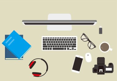 Bilgisayar ve diğer şeylerle dolu bir masa, vektör illüstrasyonu