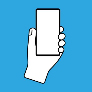 El ele tutuşan akıllı telefon, mavi arkaplanda beyaz ekran