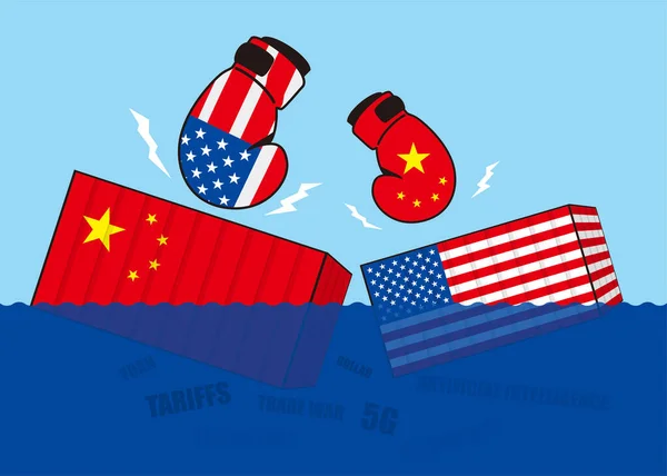 Guerra Comercial China Estados Unidos Boxeo Hunde Los Contenedores Comerciales — Vector de stock