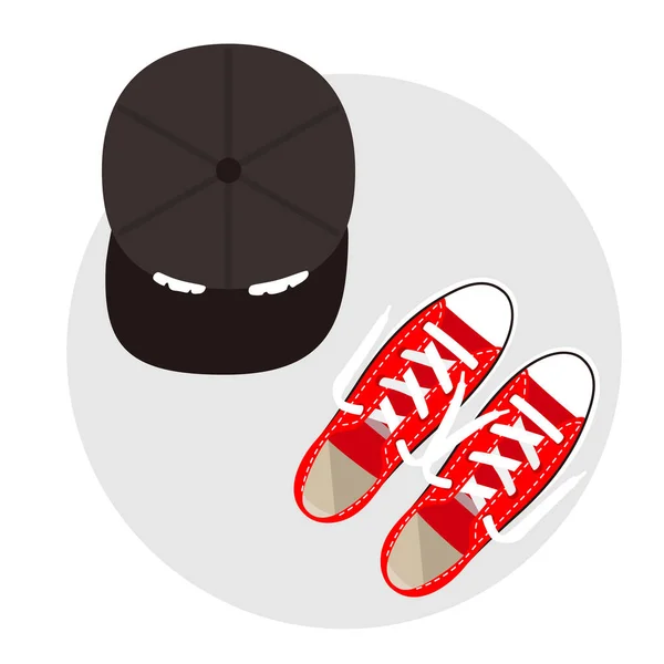 Kappe Und Sneaker Auf Dem Schreibtisch Draufsicht Vektor Illustration — Stockvektor