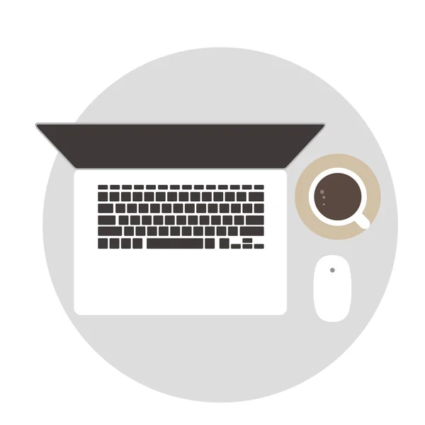 Laptop Kahve Fare Masanın Üstünde Üst Görünüm Vektör Illüstrasyonu — Stok Vektör