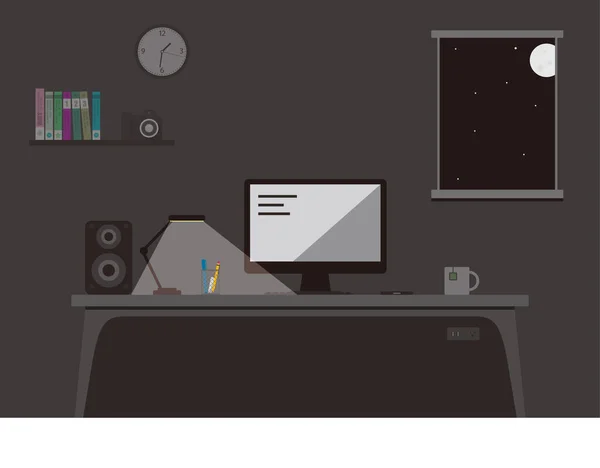 夜オフィスを置くと コンピューター デスク フラット デザイン ベクトル イラスト — ストックベクタ