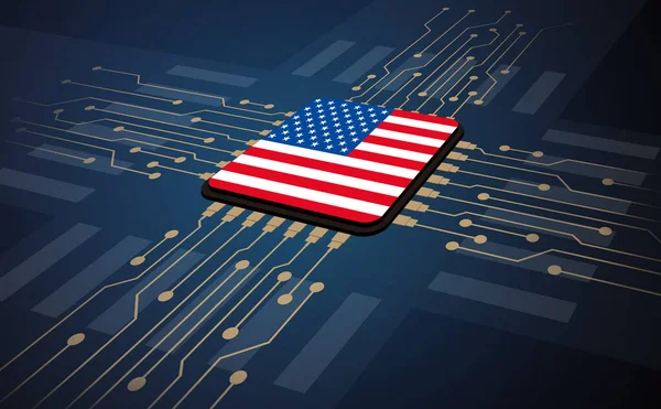 Devre kartının merkezinde Amerikan bayrağı, dijital illüstrasyonun yapay zekası