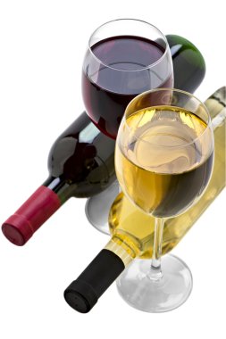 Kırmızı ve beyaz şarap bardak ve şişe üzerinde beyaz izole