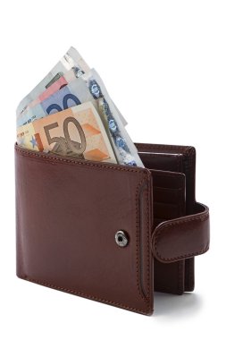 beyaz zemin üzerinde euro ile kahverengi cüzdan