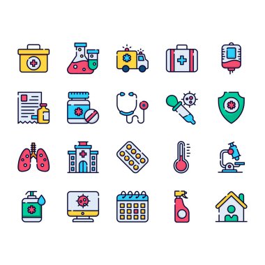 medical and corona virus colored line icons set