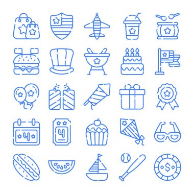 USA day celebration blue line national symbols, isolated on white background, set for independence day 