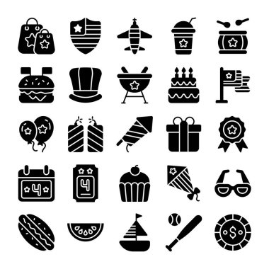 USA day celebration glyph national symbols, isolated on white background, set for independence day 