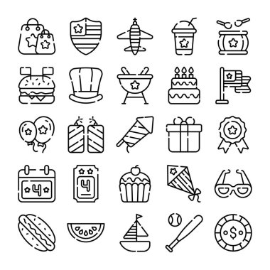 USA day celebration outline national symbols, isolated on white background, set for independence day 