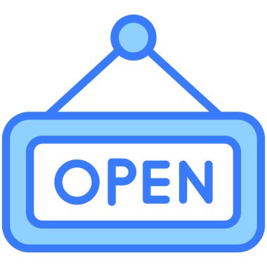 Açık tabela mavi çizgi simgesi, Kara Cuma kabartma tarzı mağaza veya market alışverişi, dükkan satış simgesi tasarımı.