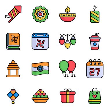 Diwali simgeleri ayarlandı. Renkli çizgili vektör düzenlenebilir simgeler. Diwali Hindu festivali elementleri. 