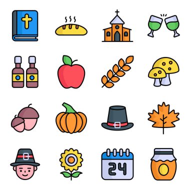 Şükran Günü renkli taslak vektör simgeleri ayarlandı. Modern renkli taslak vektör sembolleri. Geleneksel tatil öğeleri koleksiyonu.