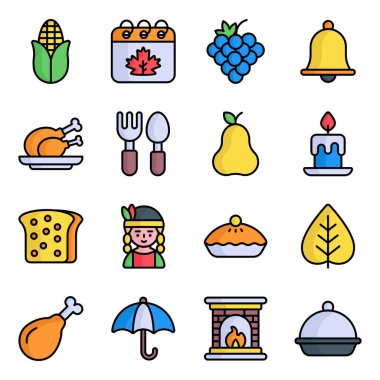 Şükran Günü renkli taslak vektör simgeleri ayarlandı. Modern renkli taslak vektör sembolleri. Geleneksel tatil öğeleri koleksiyonu.