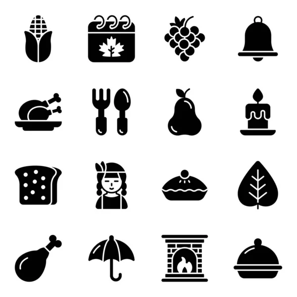 Thanksgiving Jour Vecteur Icônes Glyphe Ensemble Symboles Glyphe Modernes Collection — Image vectorielle