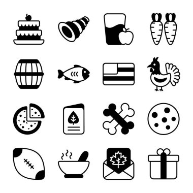 Şükran Günü vektör simgeleri ayarlandı. Modern siyah semboller. Geleneksel tatil öğeleri koleksiyonu.