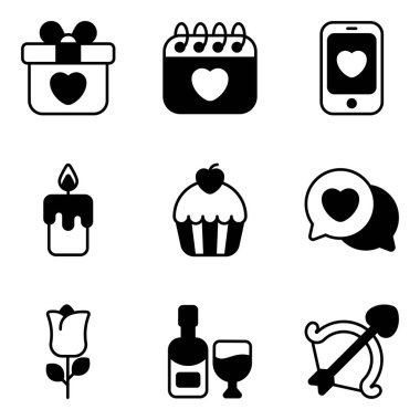 Sevgililer Günü siyah vektör simgeleri seti, web ya da mobil uygulamalar için kullanılan modern vektör pürüzsüz biçimi  
