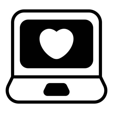 dizüstü bilgisayar, sevgi iletişimi siyah vektör simgesi