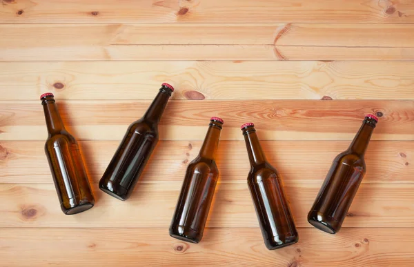 Glass Bottles Beer Wooden Background Top View Copy Space Immagini Stock Royalty Free