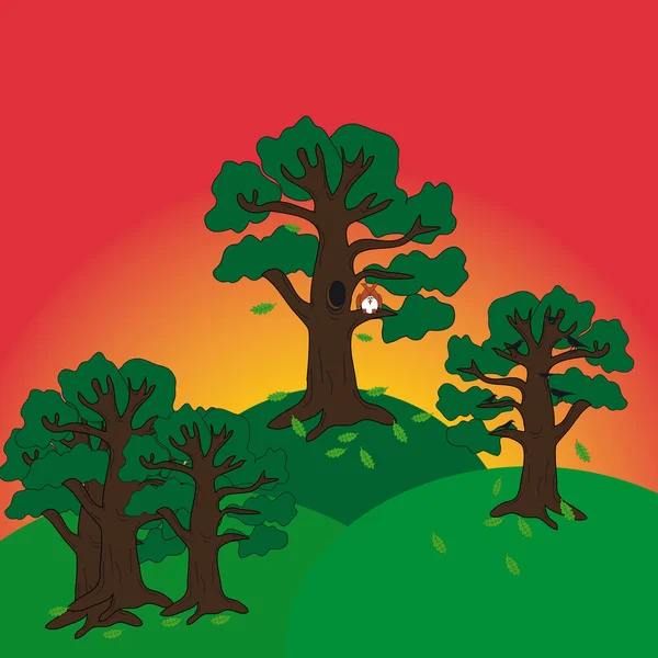 Vectorillustratie van zonsondergang in het bos — Stockvector